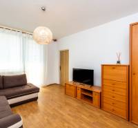 Living room in a 2-room apartment with brown furniture and a sofa, bright room.