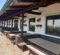 Wooden benches and tables in front of the building with a view, ideal Gastro spaces on Hornerstraße street.