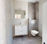 Bathroom with a sink and toilet in a family house.