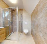 Bathroom with a sink, shower, and toilet in a family house.