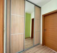 A hallway in a 2-room apartment with a mirrored wardrobe and wooden doors.