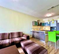 Living room with a kitchenette in a 2-room apartment, green chairs, sofa.
