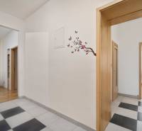 Entrance hall in a 3-room apartment with floral decoration on the wall and wooden doors.