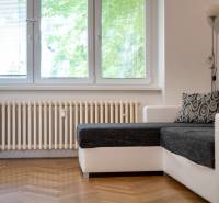Living room with a sofa bed and a heating unit in a 3-room apartment.