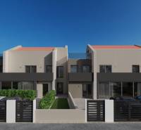Villa in Poreč with modern architecture, in front of which is a parking lot and greenery.