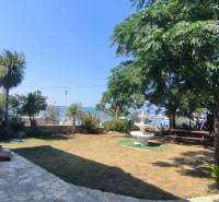 A garden at a family house in Vrsi with palm trees, a fountain, and a view of the sea.
