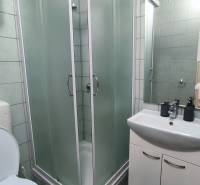 Bathroom with toilet, shower, and sink in a family house.