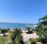 A beach near a family house in Vrsi with a view of the sea and palm trees.