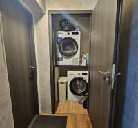 A narrow hallway in a family house with a washing machine and dryer, wooden floor, and dark doors.