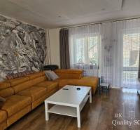 Living room in a family house with a large sofa, art on the wall, and a coffee table.