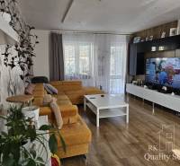 Living room in a family house with a large sofa, plants, and a TV on the wall.