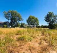 Residential plots in Horná Krupá with grass and trees under a blue sky.