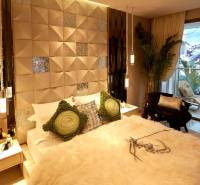 Luxury bedroom in a studio apartment with cozy lighting and a balcony.
