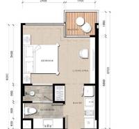 Floor plan of a 1-bedroom apartment with a balcony and a living room.