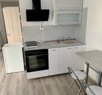 A kitchenette with a sink, stove, and a small dining table in a 2-room apartment.
