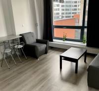 Living room of a two-room apartment with a seating area, table, and view of city buildings.