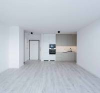 A bright kitchen with a floor in a 3-room apartment, equipped with built-in appliances.