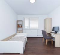 A simple room with a bed, a desk, and a shelving unit in a 3-room apartment.