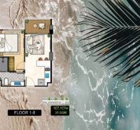 A layout sketch of a 2-room apartment with a view of the wind-swept coast.