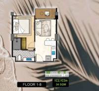Floor plan of a 2-room apartment with a living room, bedroom, and bathroom.