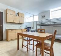 Kitchen unit and bunk bed in a studio apartment with a dining table and chairs.