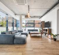 Interior of a 4-room apartment with a spacious living room, large windows, and comfortable seating.