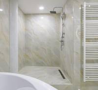 A bathroom with a shower and a radiator in a 4-room apartment.