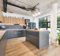 The kitchen of a 4-room apartment with gray and wooden cabinets, large windows, and a plant.