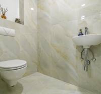 A toilet in a 4-room apartment with floral accessories and a light fixture.