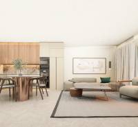 Living area in a 4-room apartment with a kitchenette and dining table.
