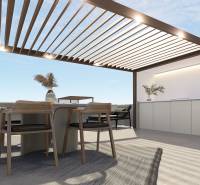 A terrace in a 4-room apartment with a pergola, table, chairs, and plants for relaxation.