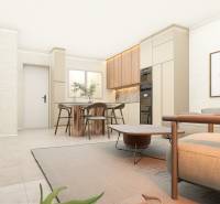 Living room in a 4-room apartment with a kitchenette, wooden table, and comfortable sofa.