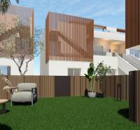 A garden at a 4-bedroom apartment in Pilar de la Horadada with modern architecture and greenery.
