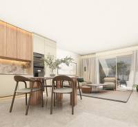 Open concept with dining and seating in a 4-room apartment, light shades.