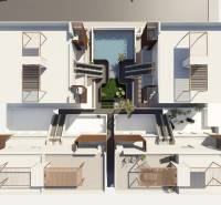 Floor plan of a 4-bedroom apartment with an indoor garden and pool in Pilar de la Horadada.