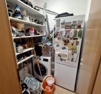 Pantry in a 3-room apartment with a washing machine, refrigerator, and shelves full of items.