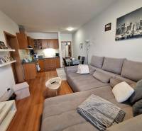 Living room with a kitchen in a 3-room apartment with a comfortable sofa and a dining table.