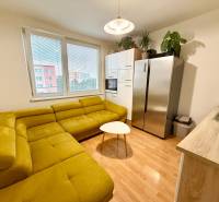 Yellow corner sofas and a kitchen unit with a refrigerator in a studio apartment.
