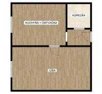 Floor plan of a 1-bedroom apartment with a kitchen, living room, and bathroom.