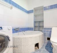 Bathroom in a family house with a shower bath, toilet, and washing machine.