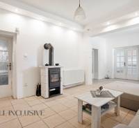 Living room in a family house with a wood-burning stove, a sofa, and a bookshelf.