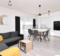 Living room in a family house with a gray sofa, dining table, and white kitchen.