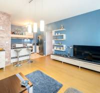 Living room in a 3-room apartment with a blue wall, TV, and kitchen counter.