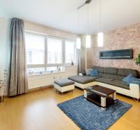 Living room in a 3-room apartment, with a sofa, television, and large windows, bright interior.