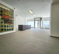 Commercial space with a colorful wall and reception, bright and spacious.