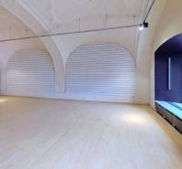 Spacious commercial spaces with wooden flooring and arched ceiling, ideal for use.