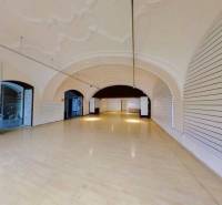 Interior of commercial premises with a white-decorated vaulted ceiling and laminate flooring.