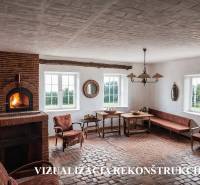 Interior of a family house with a brick fireplace, comfortable seating, and large windows.