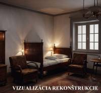 A dark interior with wooden furniture, lighting fixtures, and two armchairs in a family house.
