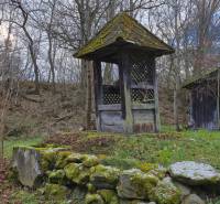 A moss-covered well by the forest and an old building, creating a peaceful rural impression.